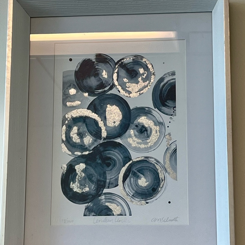 Abstract art framed print, white wood frame, medium size 11.5x14.5, glass cover